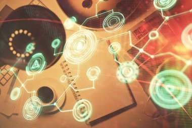 Sosyal ağ teması çizimi ve çalışma masası üst veiw 'e çift pozlama. Uluslararası bağlantı kavramı.