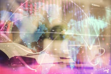 Masa arkasında kahve ve eşyalar olan iki kat iş teması çizimi ve masaüstü görüntüsü. Pazar ticareti kavramı