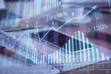 Ön plan çizimi ve cep telefonu arkaplanı çift pozlama. Mali veri analizi kavramı