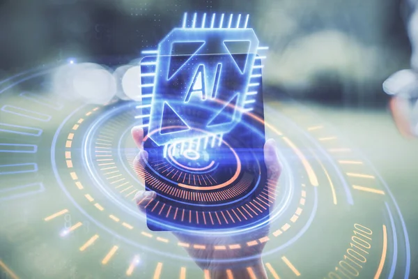 Teknolojiye çifte maruz kalma, hologram çizimi ve cep telefonu kullanan bir kadın. Ai kavramı