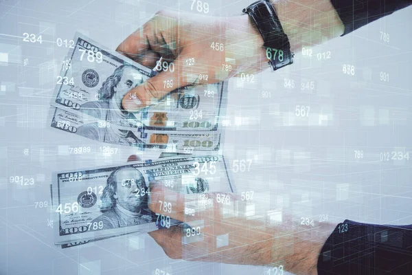 Multi blootstelling van technologie tekenen hologram en ons dollars biljetten en mannenhanden. Gegevensconcept — Stockfoto