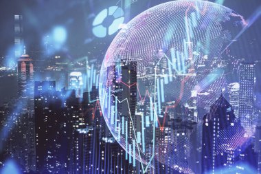Cityscape arka plan üzerinde forex grafik çizimleri çift pozlama. Başarı kavramı.