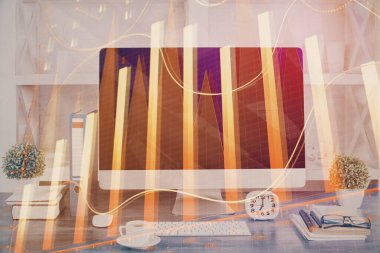 Bilgisayar geçmişi olan eski grafik hologramı. Çifte maruziyet. Finans piyasası kavramı.