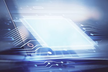 Bilgisayar ve teknoloji temalı çizimlere çifte maruz kalma. Yenilik kavramı.