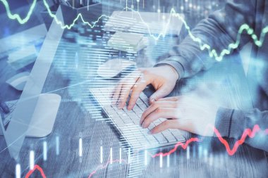 Adam ile mali grafik çift pozlama arka planda ofiste çalışır. Analiz kavramı.