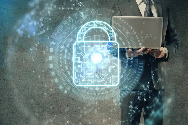 Multi exposure of lock icon with man working on computer on background. Concept of network protection. — Stock Photo, Image