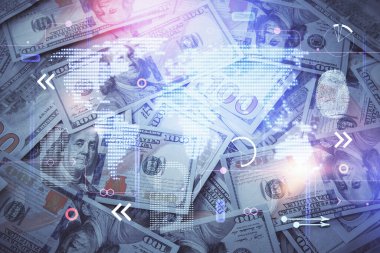 Dünya haritasının arka plandaki dolarları iki katına çıkarması. Uluslararası kavram.