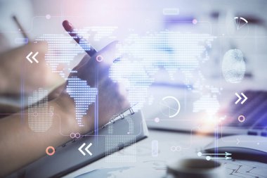 Arka planda not alan insanları gösteren haritanın çifte görüntüsü. Uluslararası bağlantı kavramı