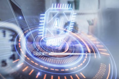 Bilgisayar ve veri temalı hologram çizimlerinde çalışan kadın elleri çift pozlama. Teknoloji kavramı.