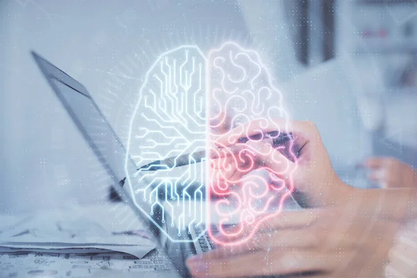 Multi exposición de las manos de las mujeres que trabajan en la computadora y el dibujo del holograma cerebral. Concepto Ai. — Foto de Stock