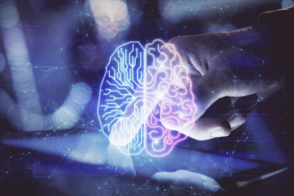 Double exposure of mans hand holding and using a digital device and brain hologram drawing. Data concept. — Stock Photo, Image