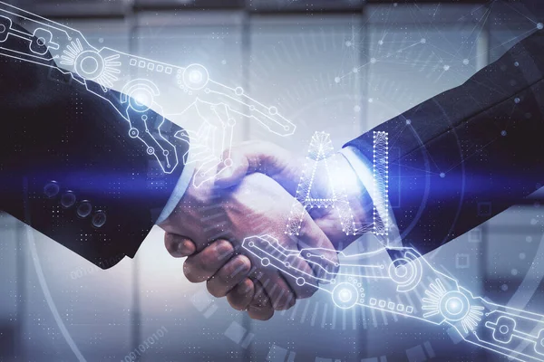 2人の男のデータテーマホログラムと握手の二重露出。IT業界の概念におけるパートナーシップ. — ストック写真