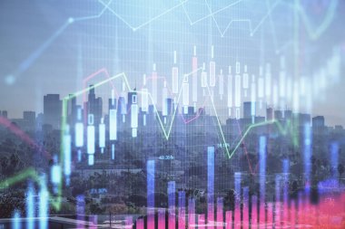 Gökdelenler, duvar kağıtları ve çoklu pozlama ile şehir manzarasının eski çizelgesi. Finansal araştırma kavramı.