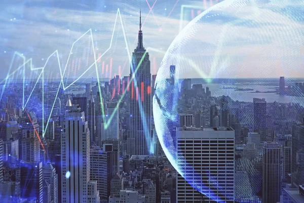 Forex graph on city view with skyscrapers background double exposure. Financial analysis concept.