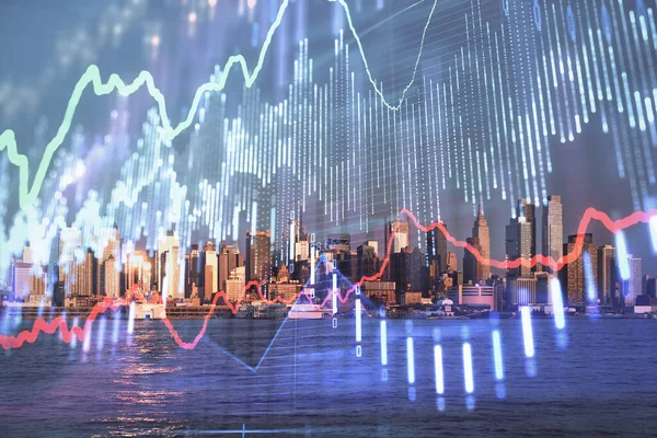 Forex chart on cityscape with tall buildings background multi exposure. Financial research concept. — Stock Photo, Image