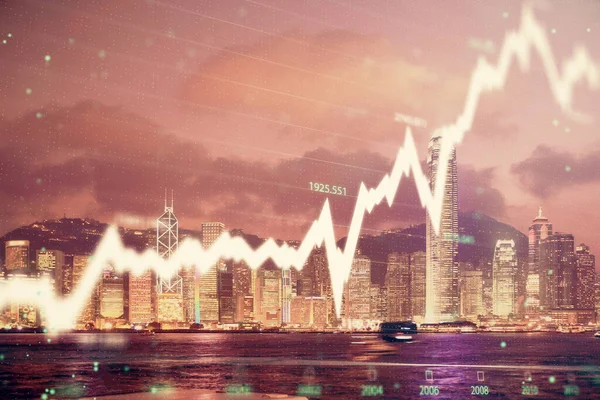 Multi exposure of forex chart drawings over cityscape background. Concept of success. — Stock Photo, Image