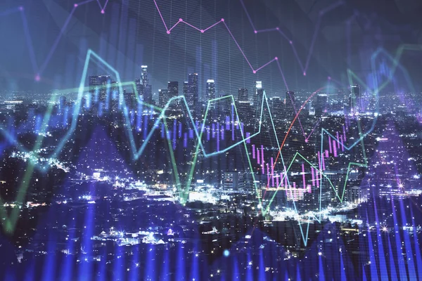 Financial graph on night city scape with tall buildings background multi exposure. Analysis concept. — Stock Photo, Image