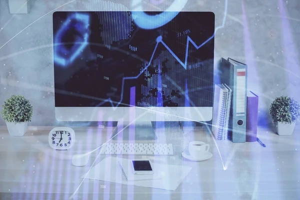 Forex graph hologram on table with computer background. Double exposure. Concept of financial markets. — Stock Photo, Image