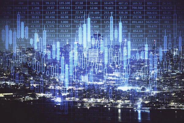 Financial graph on night city scape with tall buildings background double exposure. Analysis concept. — Stock Photo, Image