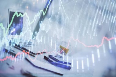 Bilgisayar geçmişi olan eski grafik hologramı. Çoklu maruz kalma. Finans piyasası kavramı.