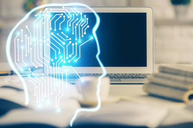 Bilgisayar ve insan beyninin hologram çizdiği çalışma alanının iki katına çıkarılması. Beyin fırtınası konsepti.