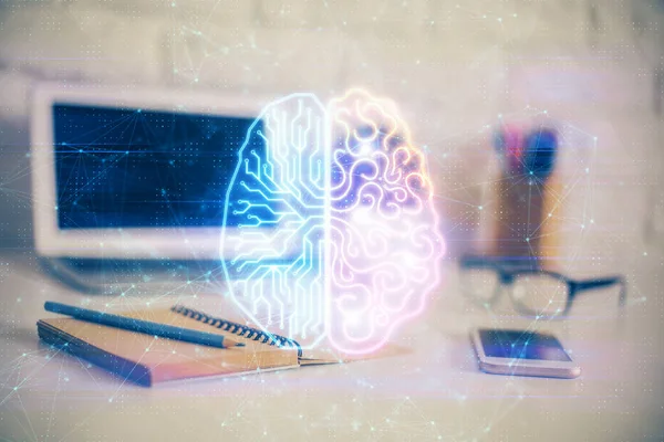 Wielokrotna ekspozycja miejsca pracy z komputerowym i ludzkim hologramem mózgu. Koncepcja burzy mózgów. — Zdjęcie stockowe
