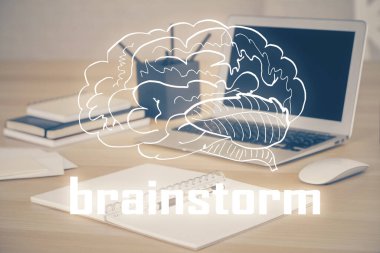 Ofisteki masaüstü bilgisayar arkaplanı ve tema hologram çizimini başlat. Çifte maruziyet. Başlangıç konsepti.