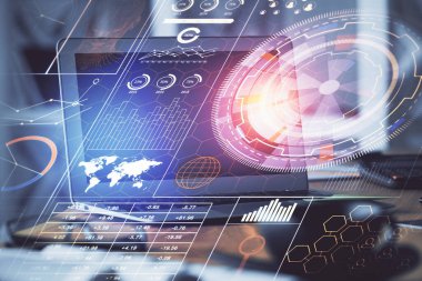 Bilgisayarın arka plan ve teknoloji temalı çizimlerine çoklu maruz kalma. Yenilik kavramı.