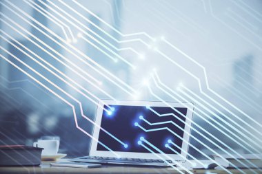 Teknoloji temalı çizim ve bilgisayarla çalışma alanı. Çifte maruziyet. Yenilik kavramı.