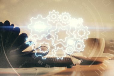 Masa arkasında kahve ve eşyalar olan iki kat iş teması çizimi ve masaüstü görüntüsü. Pazar ticareti kavramı