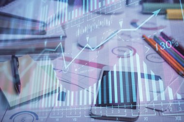 Ön x grafik çizimi ve cep telefonu arkaplanı çift pozlama. Mali veri analizi kavramı