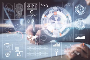 Veri temalı çizimin arka plan yazan insanların üzerine çifte pozlanması. Teknoloji kavramı