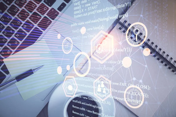 Doble exposición del holograma de dibujo de tema de datos sobre fondo de tabla de trabajo de vista superior con computadora. Concepto de tecnología. — Foto de Stock