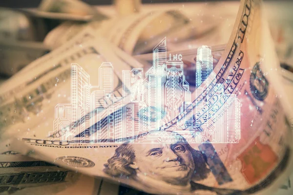 Double exposure of town drawing over usa dollars bill background. smart city concept.