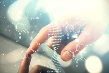 Erkeklerin el ele tutuşup, telefon ve DNA çizimlerini kullanırken çift pozlama. Tıp eğitimi kavramı.