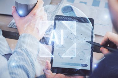 Dijital bir cihaz ve veri temalı çizim kullanarak erkeklerin el ele tutuşması. Yenilik kavramı.