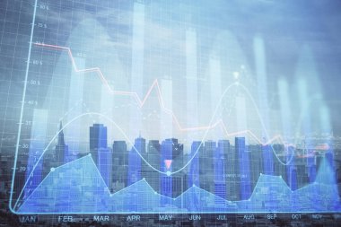 Gökdelenler arka planda çoklu pozlama ile şehir görünümünde eski grafik. Mali analiz kavramı.