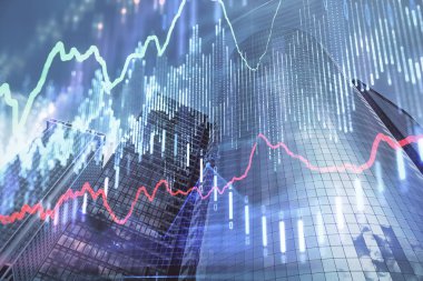 Gökdelenler, duvar kağıtları ve çoklu pozlama ile şehir manzarasının eski çizelgesi. Finansal araştırma kavramı.