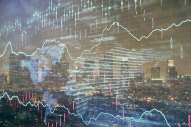 Yüksek binaların arka planında çoklu pozlama olan eski şehir haritası. Finansal araştırma kavramı.