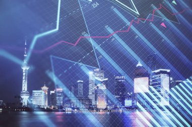 Yüksek binalar arka plan çift pozlama ile gece şehir scape mali grafik. Analiz kavramı.