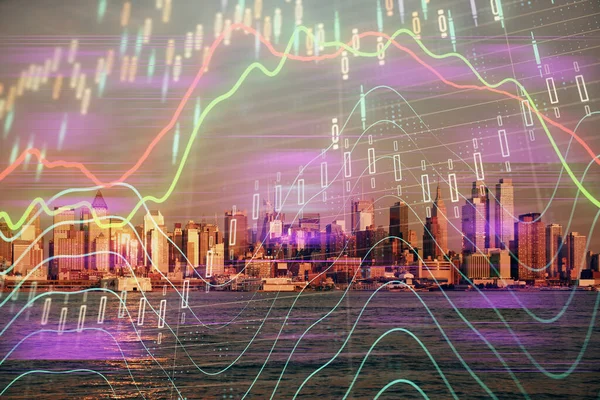 Forex chart on cityscape with tall buildings background multi exposure. Financial research concept. — Stock Photo, Image