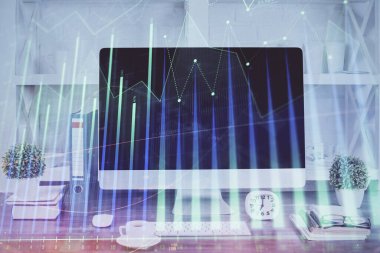 Bilgisayar geçmişi olan eski grafik hologramı. Çifte maruziyet. Finans piyasası kavramı.