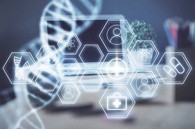 Masaüstü bilgisayar arkaplanı ve DNA çizimi. Çifte maruziyet. Bilim konsepti.