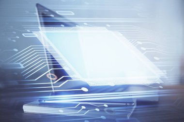 Bilgisayar ve teknoloji temalı çizimlere çifte maruz kalma. Yenilik kavramı.