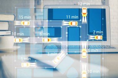 Otomobil hologramı çizimi olan masaüstü bilgisayar arkaplanı. Çoklu maruz kalma. Teknoloji kavramı.