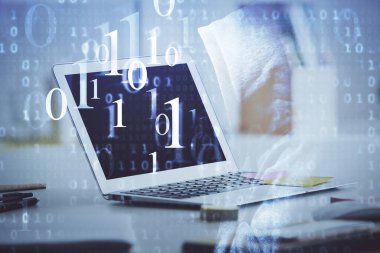 Teknoloji temalı çizim ve bilgisayarla çalışma alanı. Çoklu maruz kalma. Yenilik kavramı.