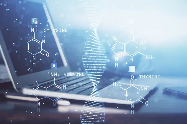 Pozadí stolního počítače a kresba DNA. Dvojité vystavení. Vědecký koncept. — Stock fotografie