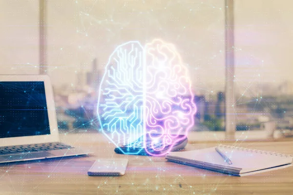 Πολλαπλή έκθεση του χώρου εργασίας με υπολογιστή και ανθρώπινο εγκεφαλικό ολόγραμμα. Έννοια Brainstorm. — Φωτογραφία Αρχείου