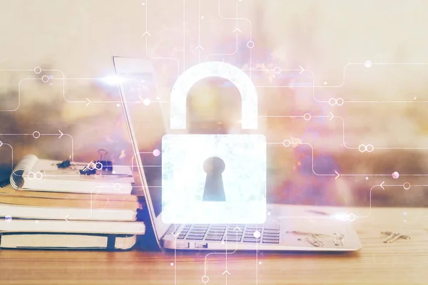 Double exposure of desktop with computer and lock icon hologram. Concept of data safety. — Stock Photo, Image