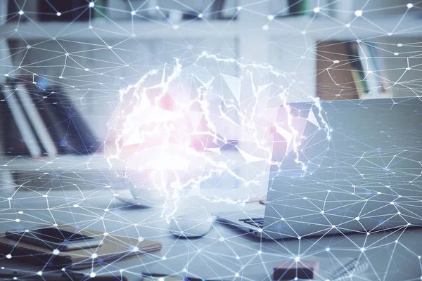 Doble exposición de la mesa de trabajo con el holograma de la computadora y del cerebro. Concepto de lluvia de ideas . —  Fotos de Stock